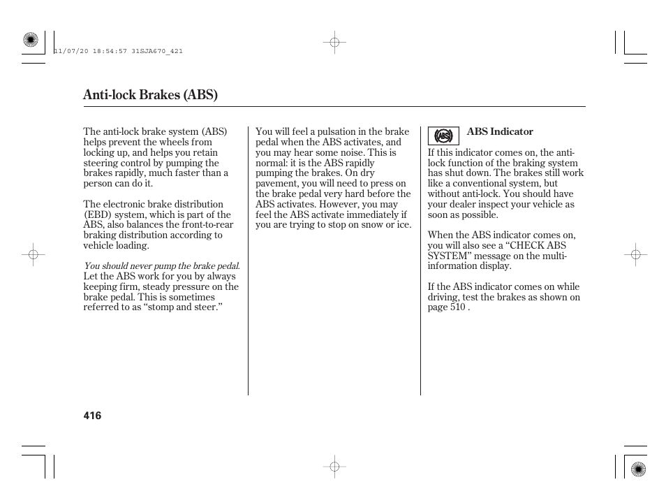 Anti-lock brakes (abs) | Acura 2012 RL User Manual | Page 422 / 562