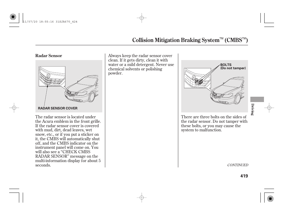 Collision mitigation braking system (cmbs ) | Acura 2012 RL User Manual | Page 425 / 562