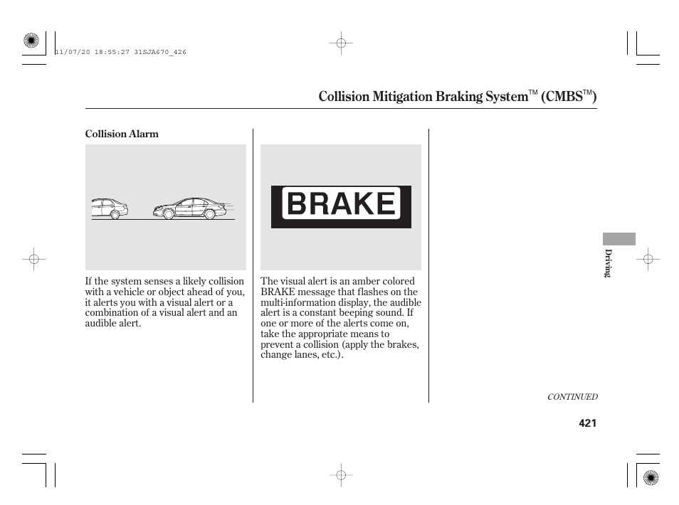 Collision mitigation braking system (cmbs ) | Acura 2012 RL User Manual | Page 427 / 562