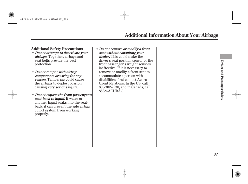 Additional information about your airbags | Acura 2012 RL User Manual | Page 43 / 562