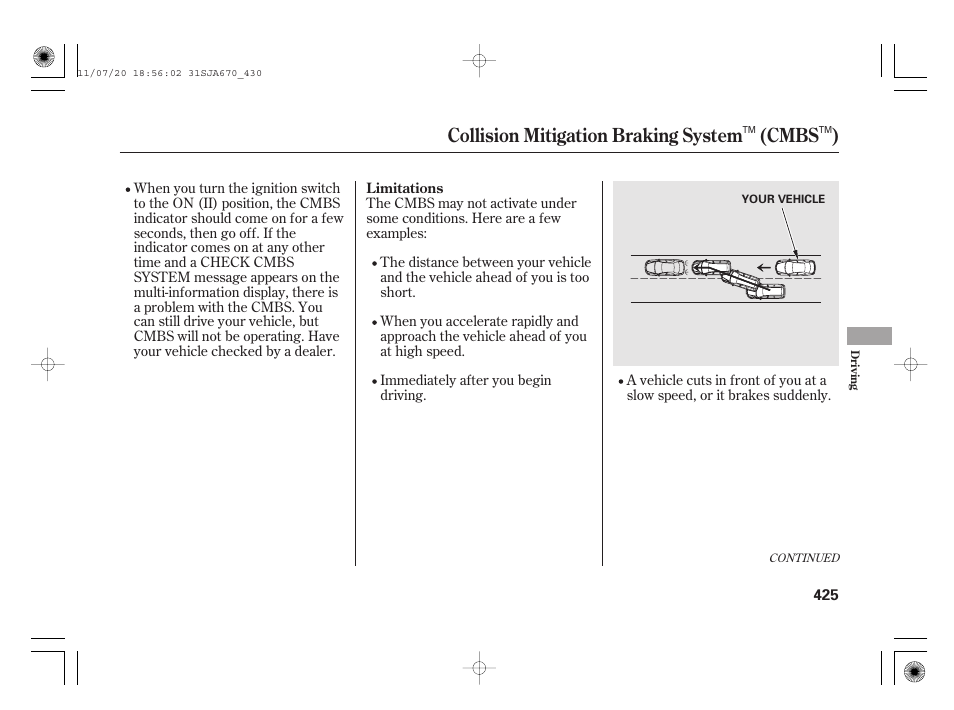 Collision mitigation braking system (cmbs ) | Acura 2012 RL User Manual | Page 431 / 562
