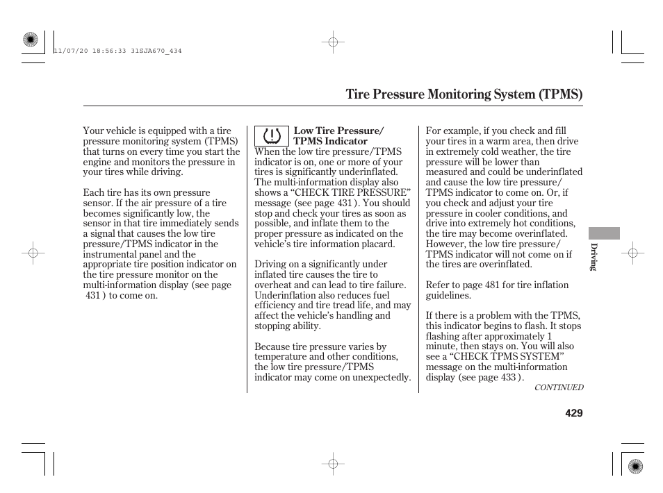 Tire pressure monitoring system (tpms) | Acura 2012 RL User Manual | Page 435 / 562