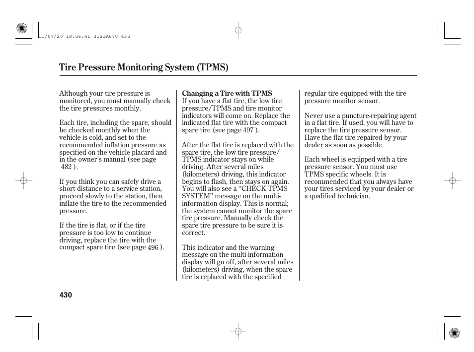 Tire pressure monitoring system (tpms) | Acura 2012 RL User Manual | Page 436 / 562