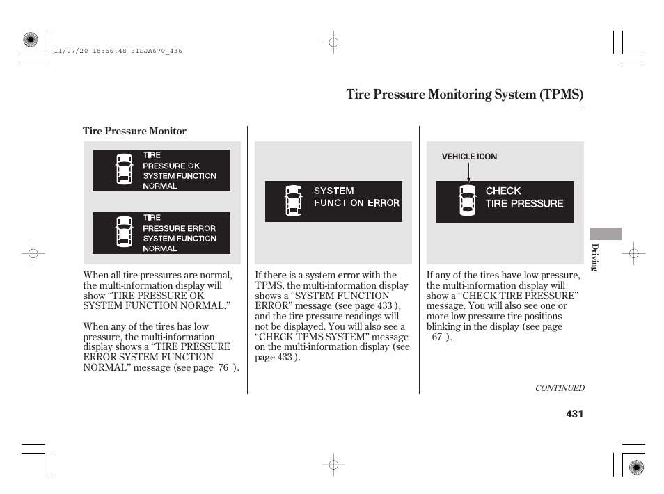 Tire pressure monitoring system (tpms) | Acura 2012 RL User Manual | Page 437 / 562