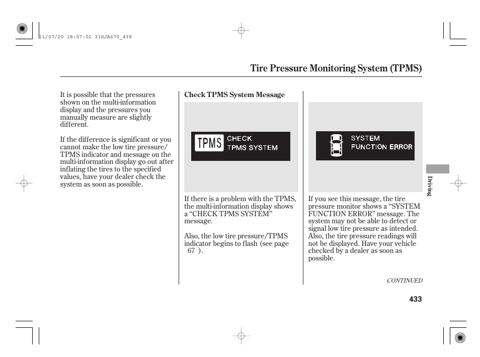 Tire pressure monitoring system (tpms) | Acura 2012 RL User Manual | Page 439 / 562