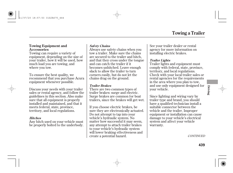 Towing a trailer | Acura 2012 RL User Manual | Page 445 / 562