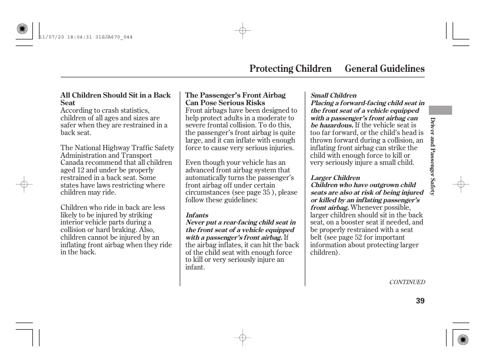 Protecting children general guidelines | Acura 2012 RL User Manual | Page 45 / 562