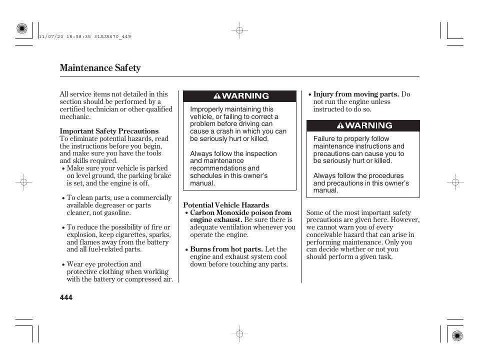 Maintenance safety | Acura 2012 RL User Manual | Page 450 / 562