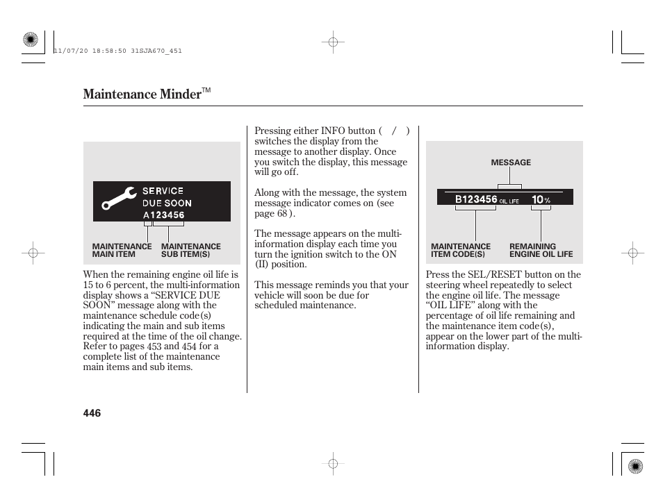 Maintenance minder | Acura 2012 RL User Manual | Page 452 / 562