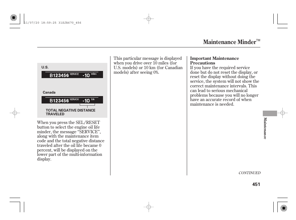 Maintenance minder | Acura 2012 RL User Manual | Page 457 / 562
