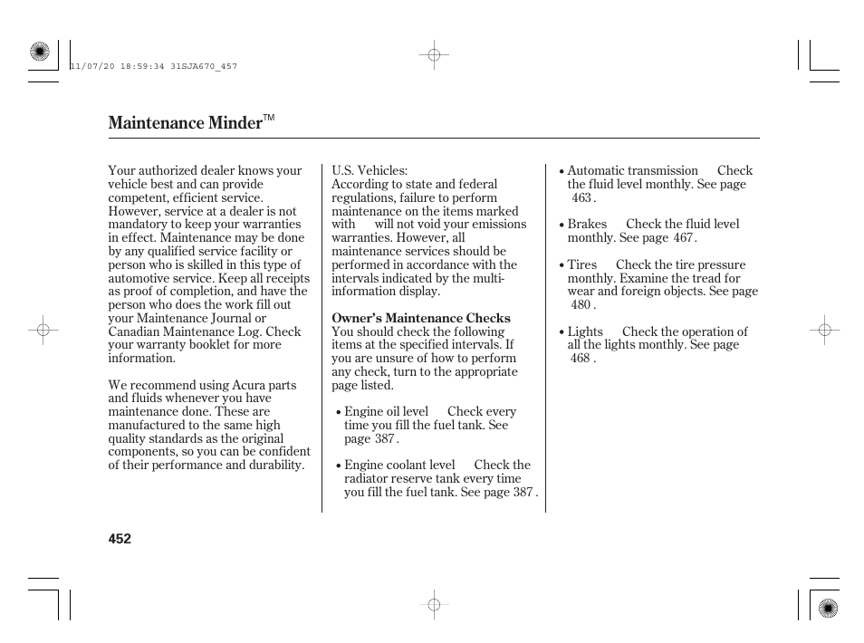 Maintenance minder | Acura 2012 RL User Manual | Page 458 / 562