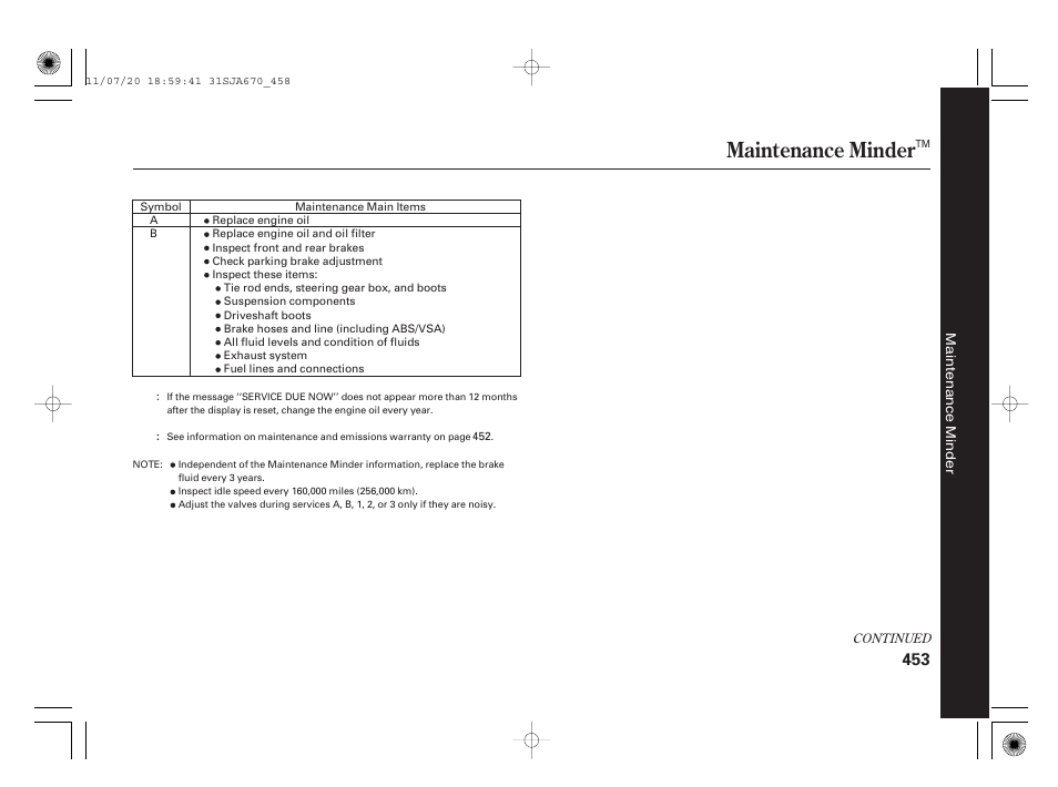 Maintenance minder | Acura 2012 RL User Manual | Page 459 / 562