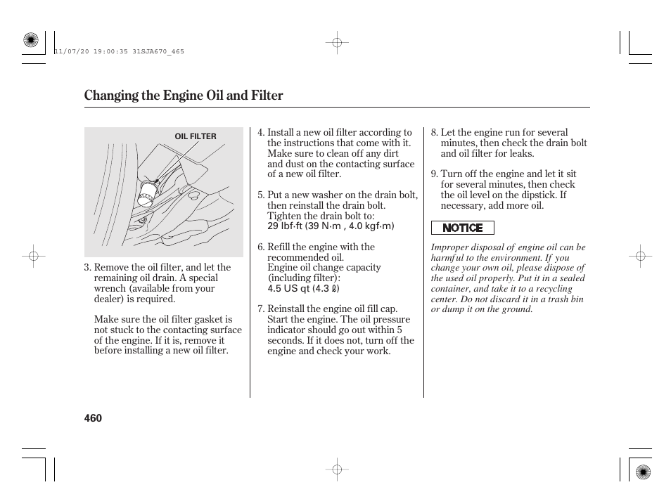 Changing the engine oil and filter | Acura 2012 RL User Manual | Page 466 / 562