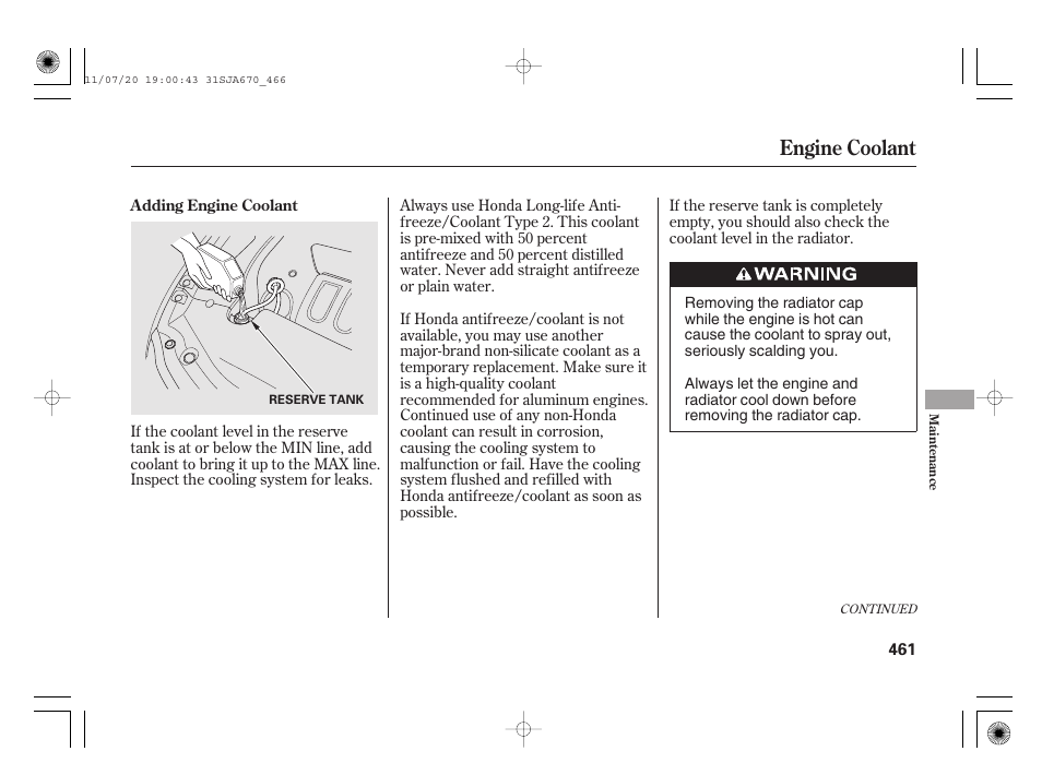 Engine coolant | Acura 2012 RL User Manual | Page 467 / 562