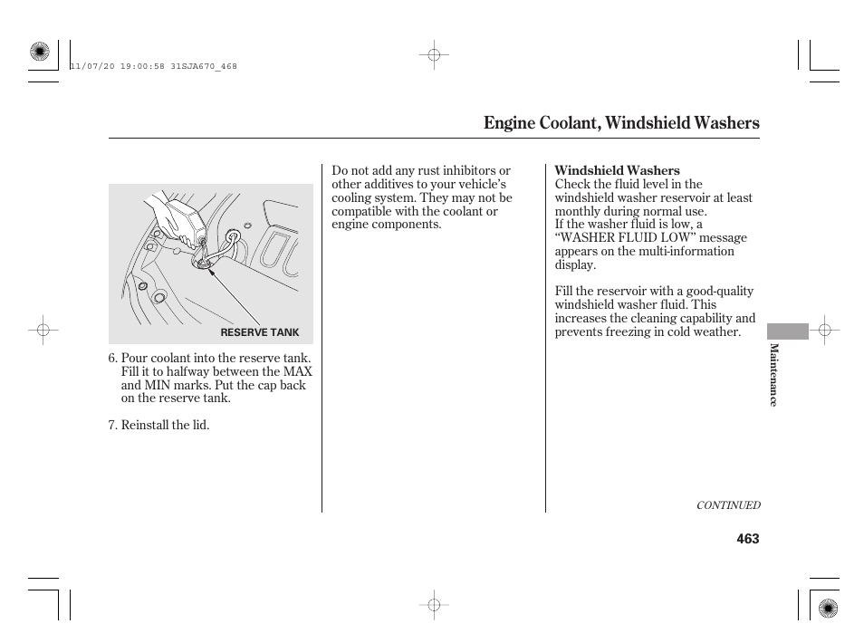 Engine coolant, windshield washers | Acura 2012 RL User Manual | Page 469 / 562