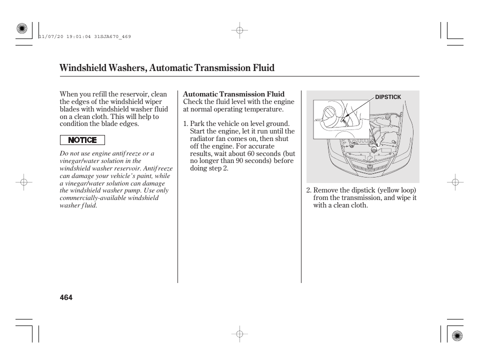 Windshield washers, automatic transmission fluid | Acura 2012 RL User Manual | Page 470 / 562