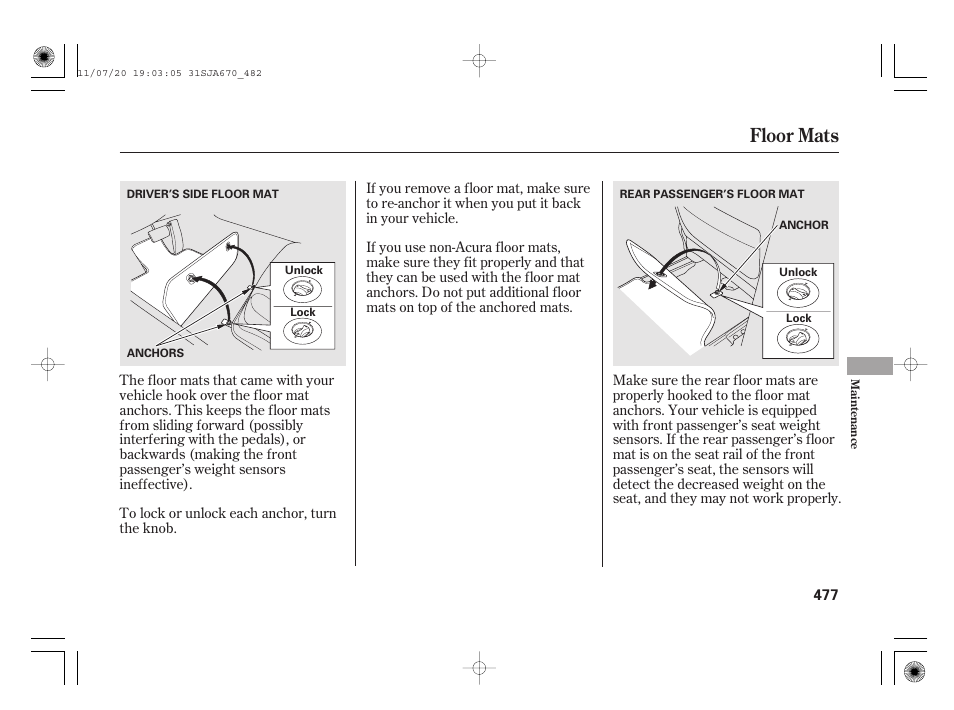 Floor mats | Acura 2012 RL User Manual | Page 483 / 562