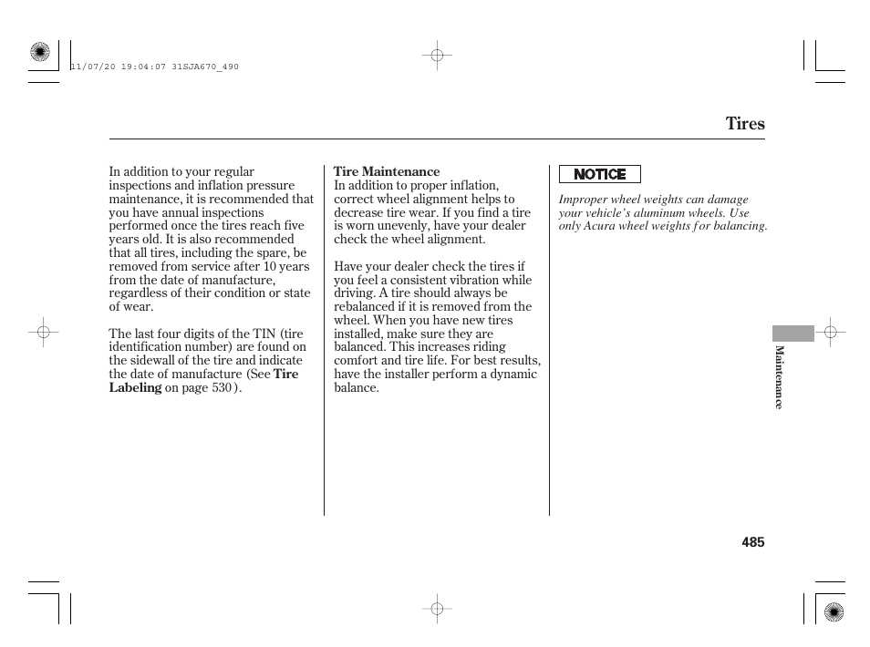 Tires | Acura 2012 RL User Manual | Page 491 / 562