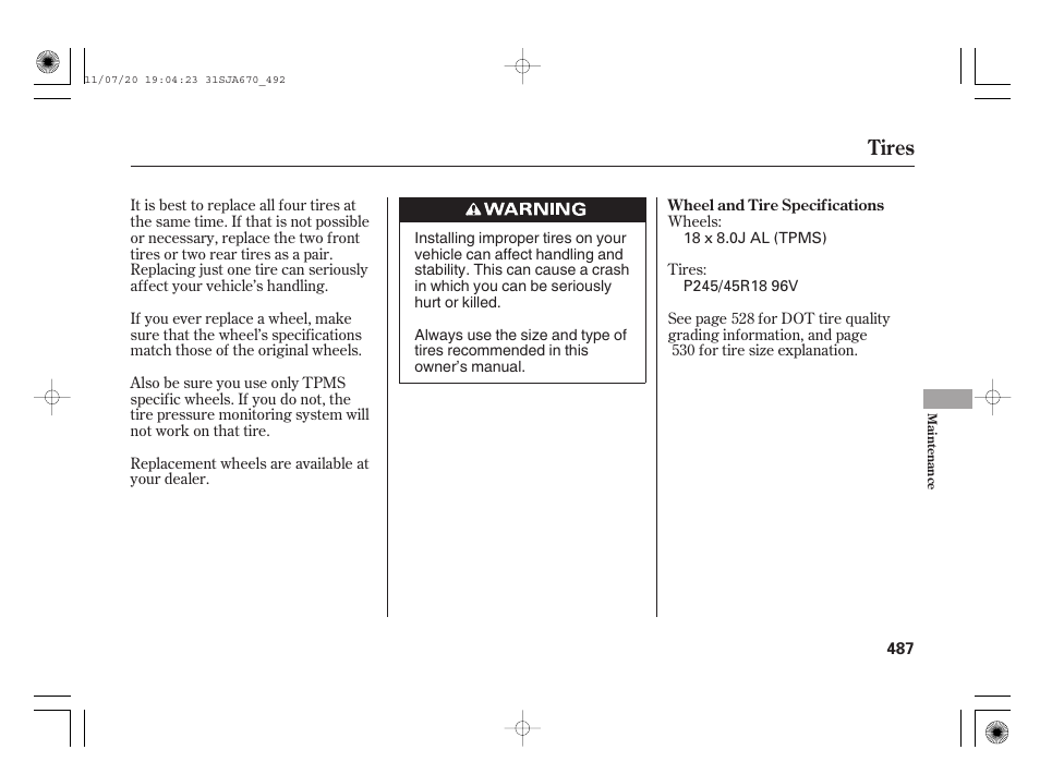 Tires | Acura 2012 RL User Manual | Page 493 / 562