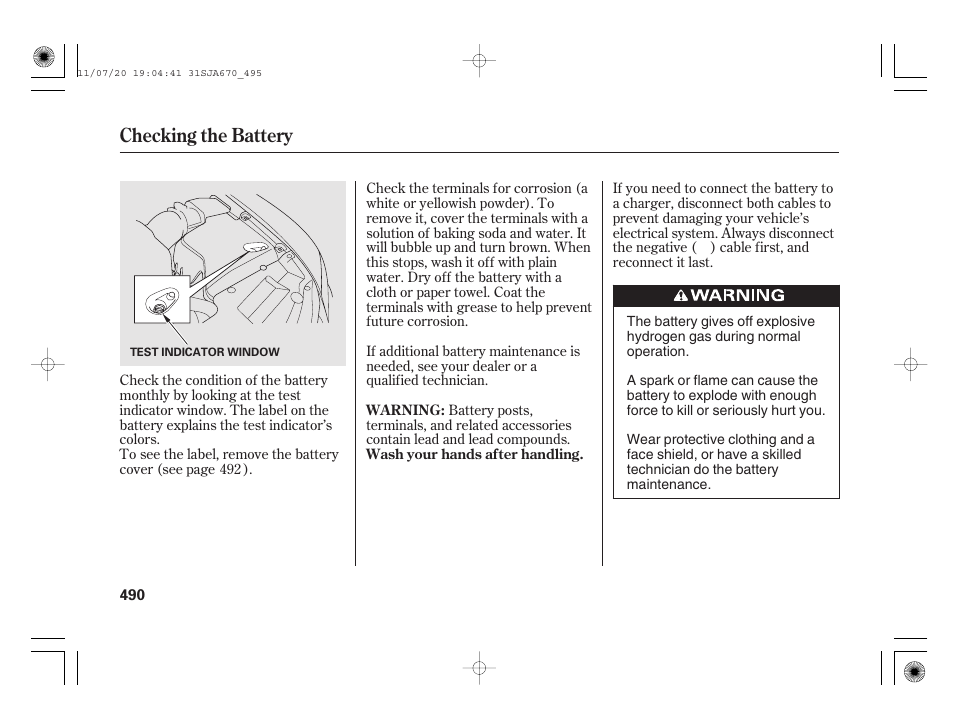 Checking the battery | Acura 2012 RL User Manual | Page 496 / 562