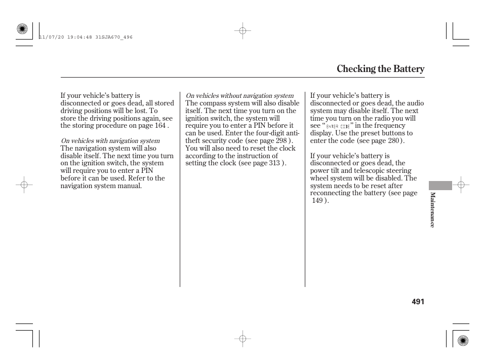 Checking the battery | Acura 2012 RL User Manual | Page 497 / 562