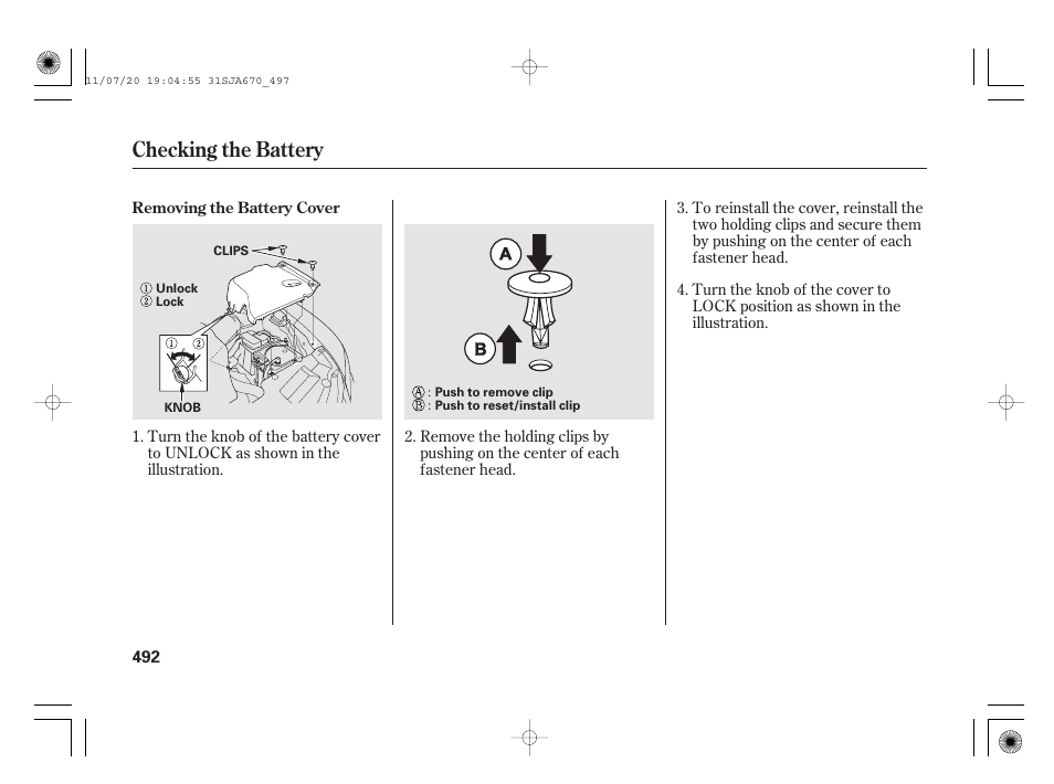 Checking the battery | Acura 2012 RL User Manual | Page 498 / 562