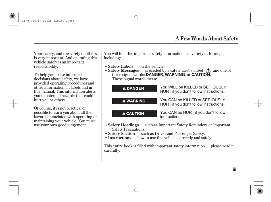 A few words about safety | Acura 2012 RL User Manual | Page 5 / 562
