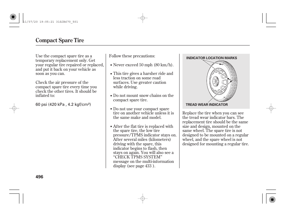 Compact spare tire | Acura 2012 RL User Manual | Page 502 / 562