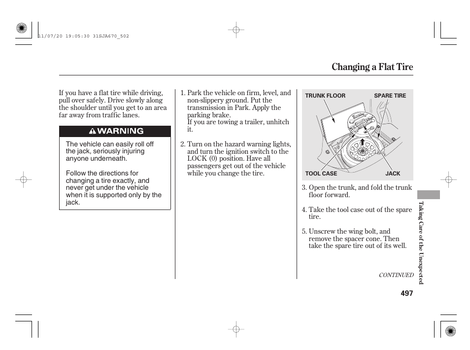 Changing a flat tire | Acura 2012 RL User Manual | Page 503 / 562