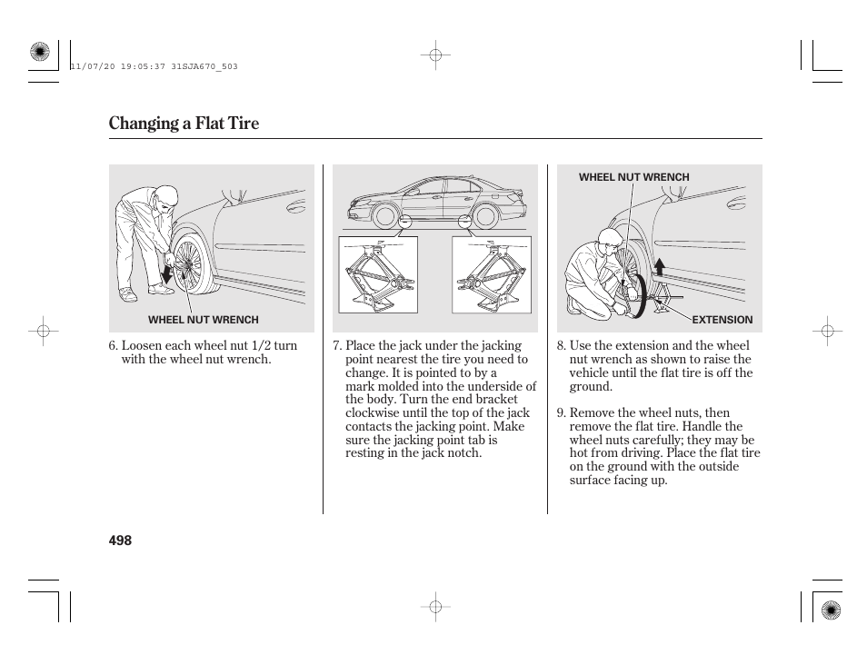 Changing a flat tire | Acura 2012 RL User Manual | Page 504 / 562