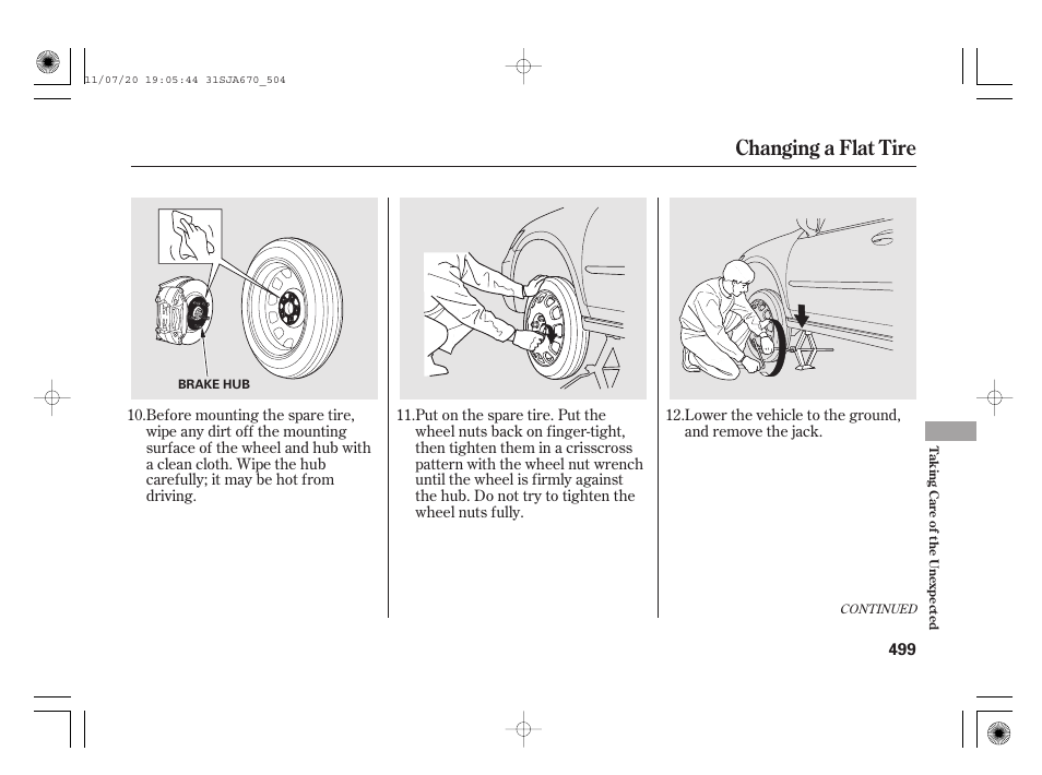 Changing a flat tire | Acura 2012 RL User Manual | Page 505 / 562