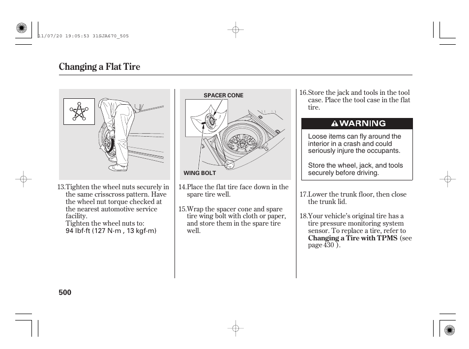 Changing a flat tire | Acura 2012 RL User Manual | Page 506 / 562