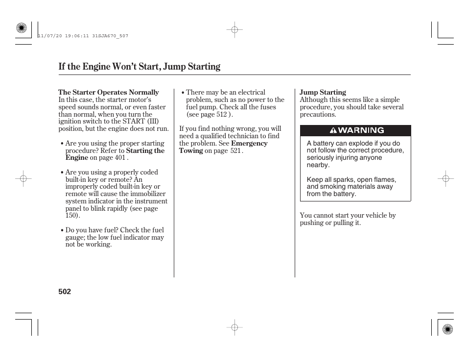 If the engine won’t start, jump starting | Acura 2012 RL User Manual | Page 508 / 562