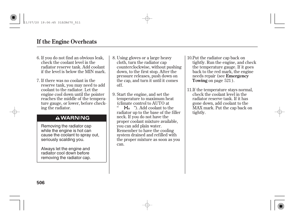 If the engine overheats | Acura 2012 RL User Manual | Page 512 / 562