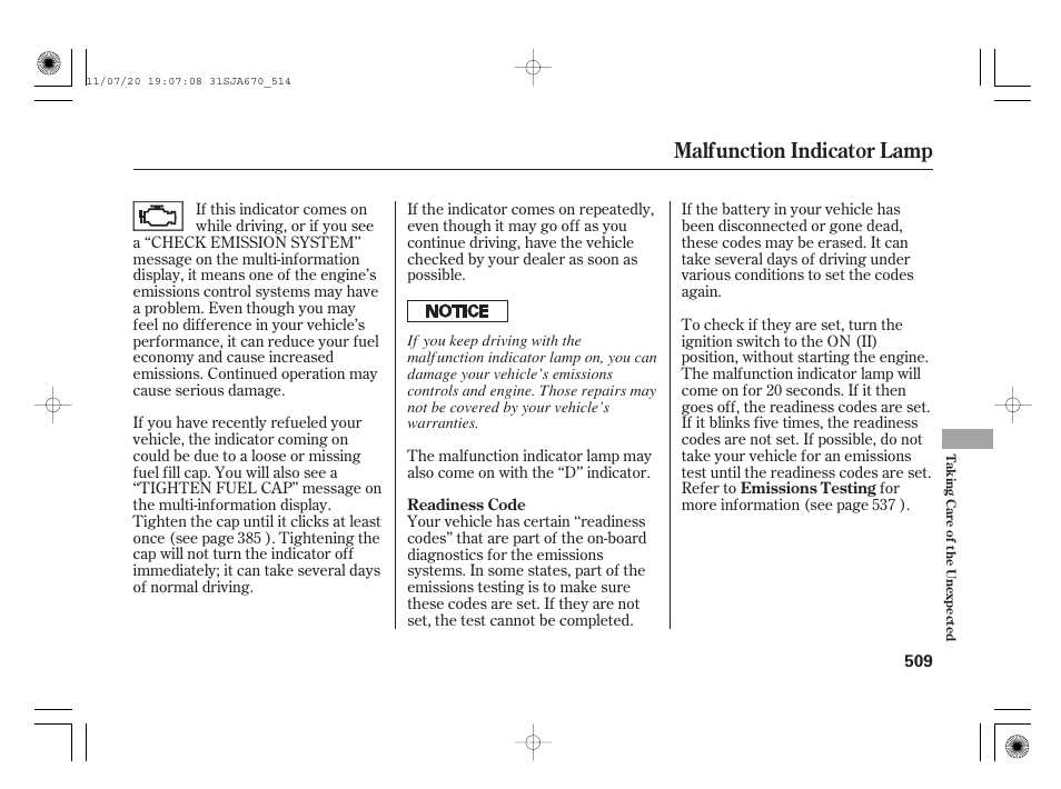 Malfunction indicator lamp | Acura 2012 RL User Manual | Page 515 / 562