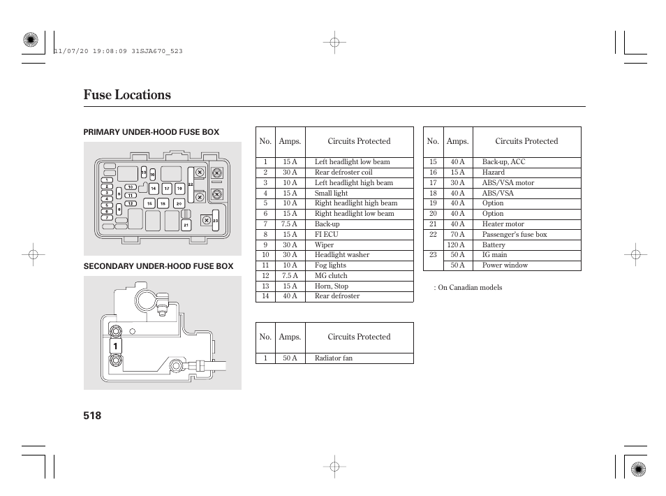 Fuse locations | Acura 2012 RL User Manual | Page 524 / 562