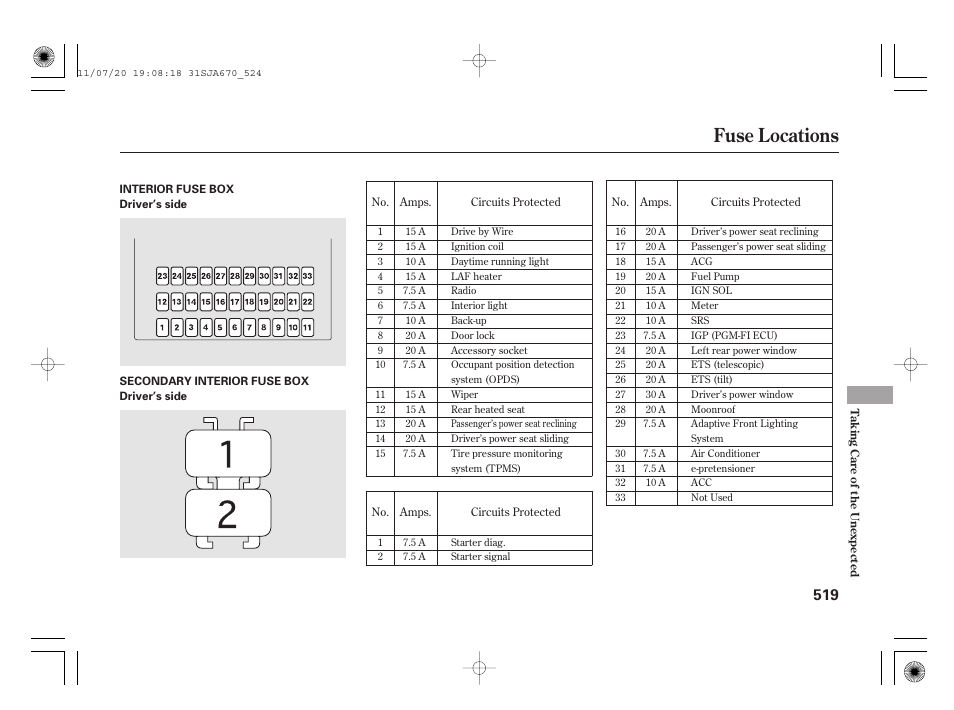 Fuse locations | Acura 2012 RL User Manual | Page 525 / 562