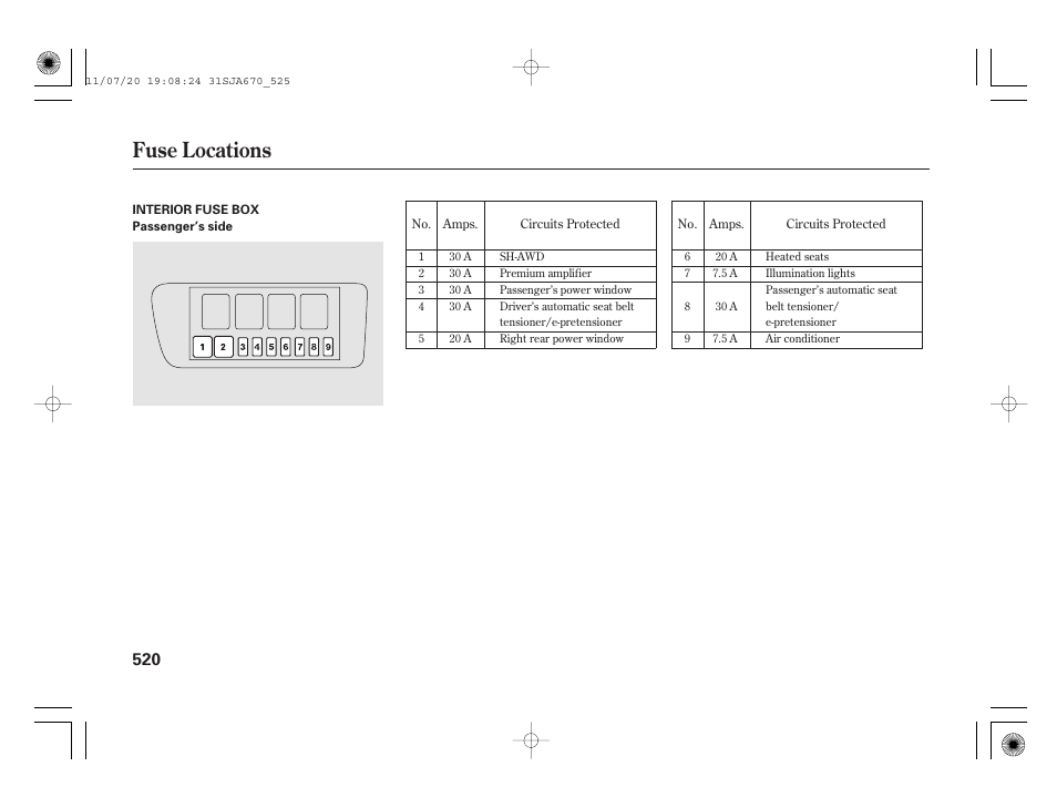 Fuse locations | Acura 2012 RL User Manual | Page 526 / 562