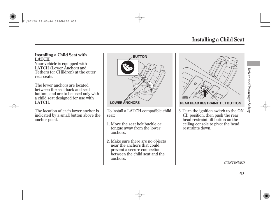 Installing a child seat | Acura 2012 RL User Manual | Page 53 / 562