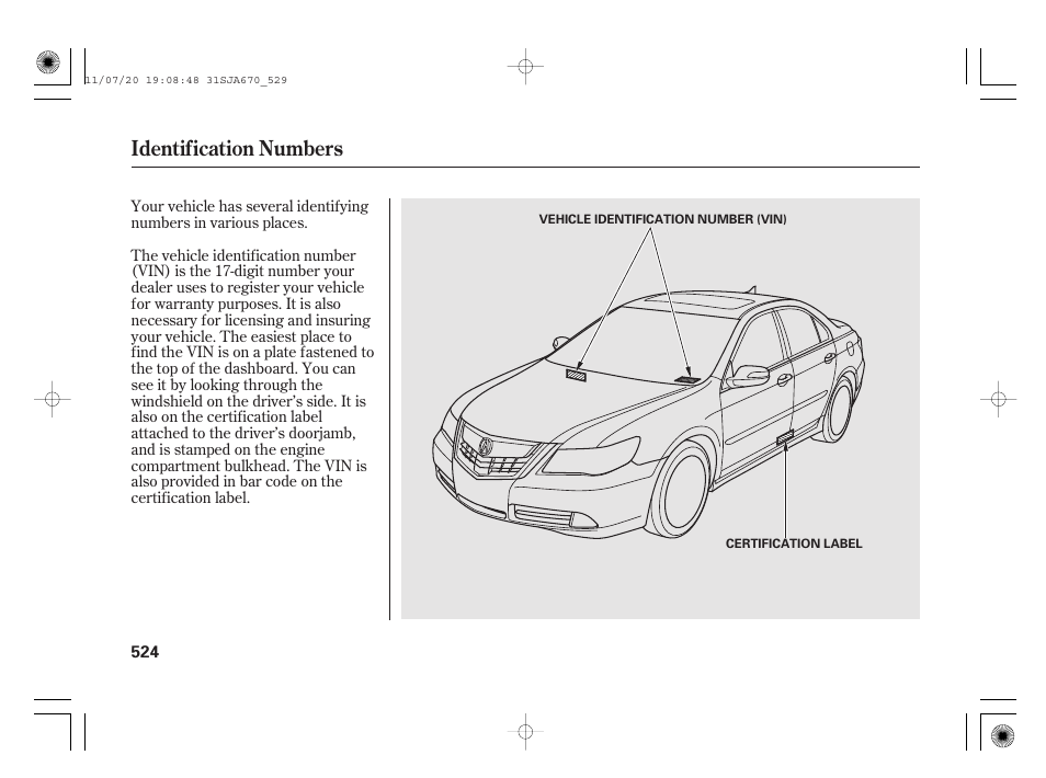 Identification numbers | Acura 2012 RL User Manual | Page 530 / 562