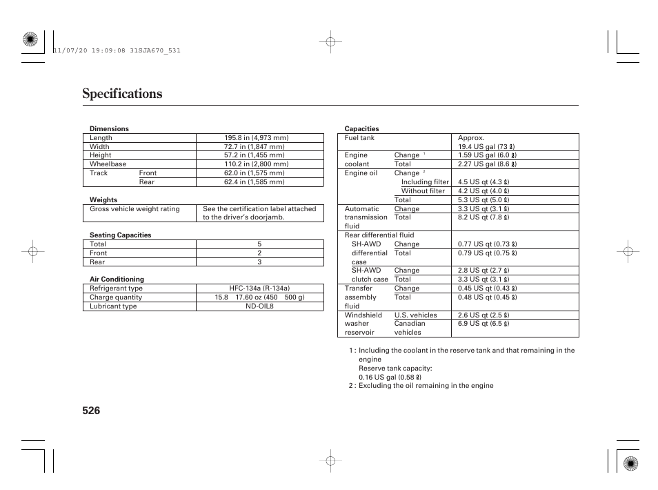 Specifications | Acura 2012 RL User Manual | Page 532 / 562