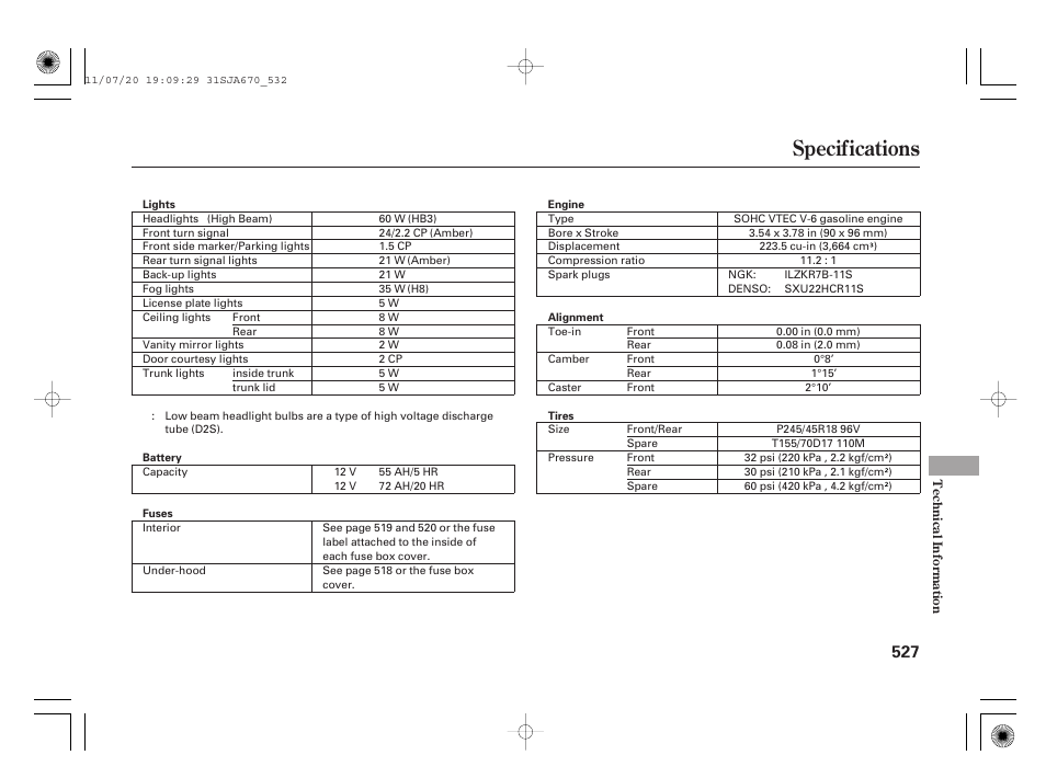 Specifications | Acura 2012 RL User Manual | Page 533 / 562