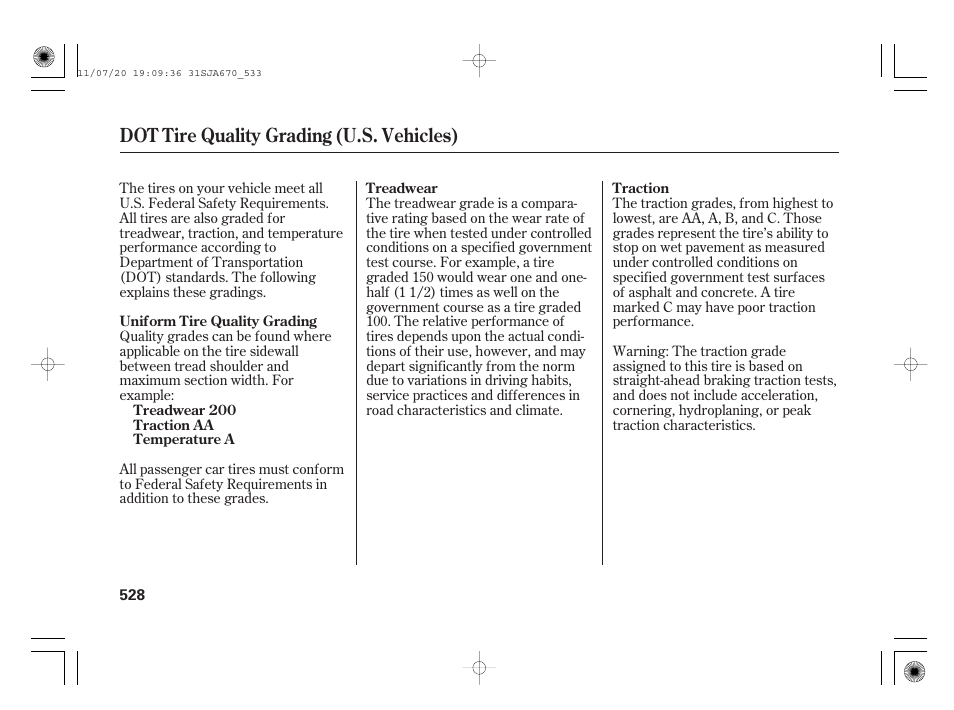 Dot tire quality grading (u.s. vehicles) | Acura 2012 RL User Manual | Page 534 / 562