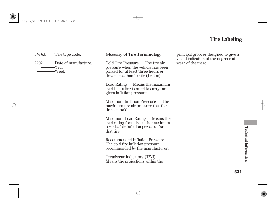 Tire labeling | Acura 2012 RL User Manual | Page 537 / 562