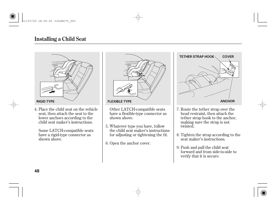 Installing a child seat | Acura 2012 RL User Manual | Page 54 / 562