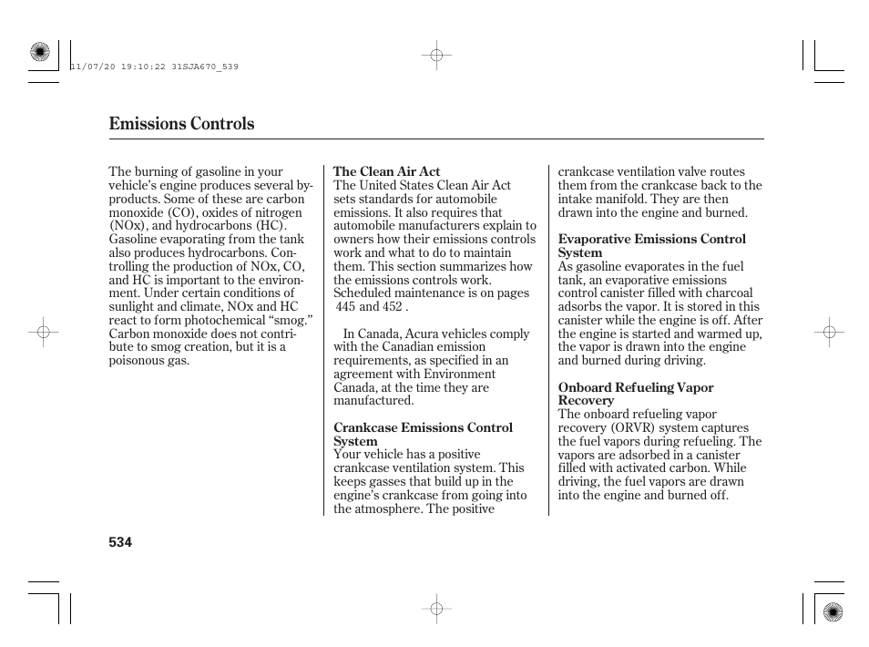 Emissions controls | Acura 2012 RL User Manual | Page 540 / 562