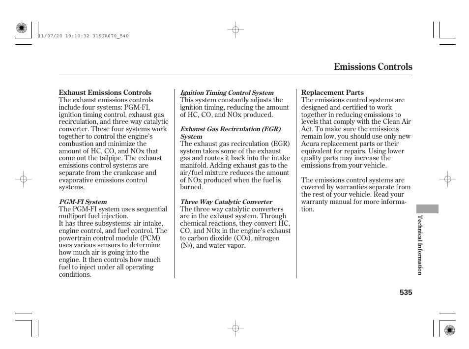 Emissions controls | Acura 2012 RL User Manual | Page 541 / 562