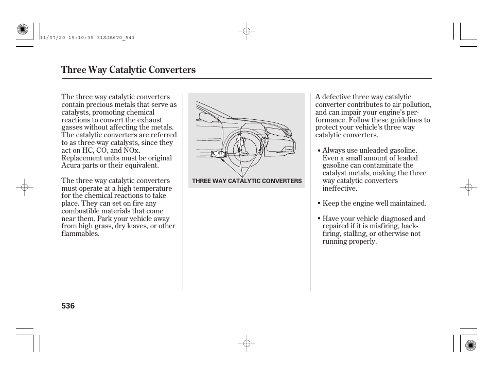 Three way catalytic converters | Acura 2012 RL User Manual | Page 542 / 562