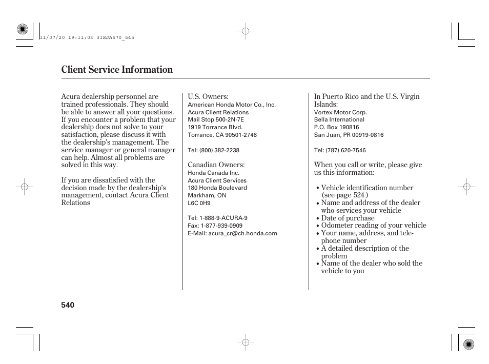Client service information | Acura 2012 RL User Manual | Page 546 / 562