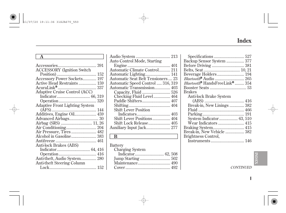 Index | Acura 2012 RL User Manual | Page 551 / 562